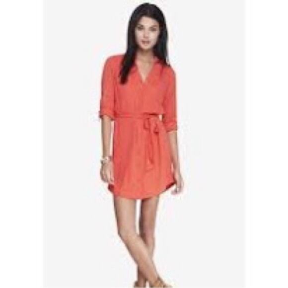 Express "The Portofino Shirt Dress" in Coral Midi Medium Lightweight Fall Casual - Picture 7 of 7